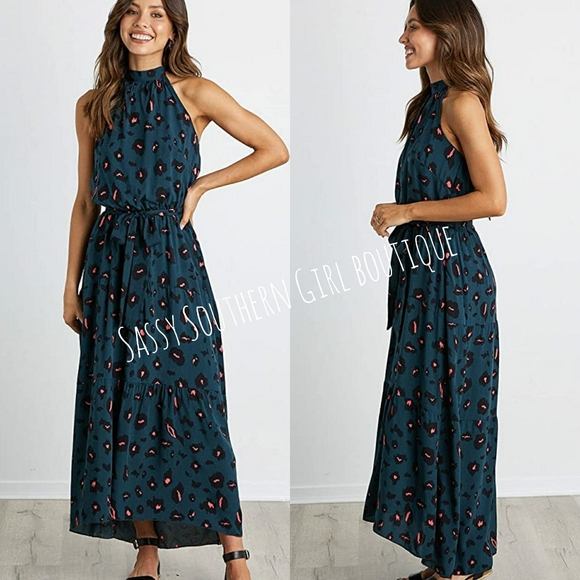 Sassy Southern Girl boutique Dresses Boho Teal Cheetah Halter Maxi